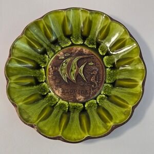 Treasure Craft Florida Souvenir Plate Green Drip Glaze Angelfish Seahorse 8"